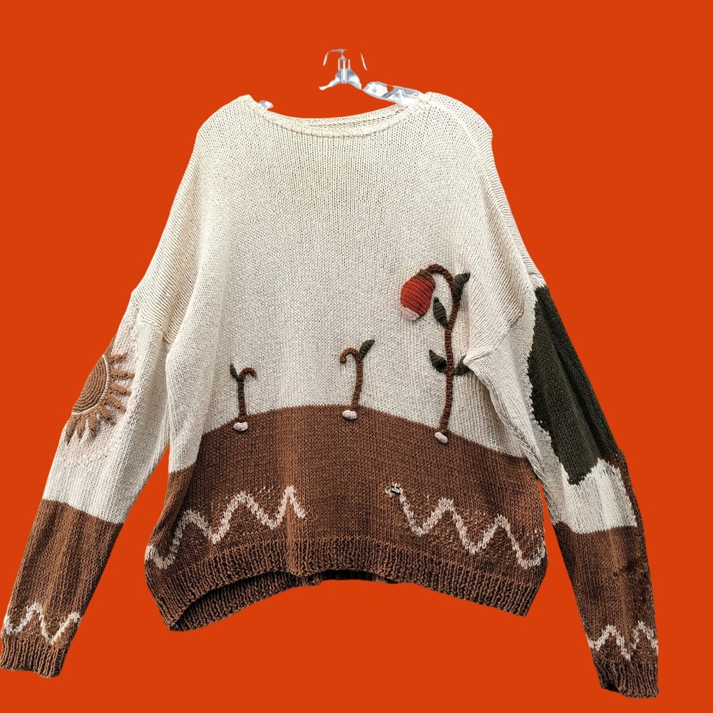 Story mfg. Organic Cotton Hand-Knit Landscape Graphic Sweater Size Large Nature
